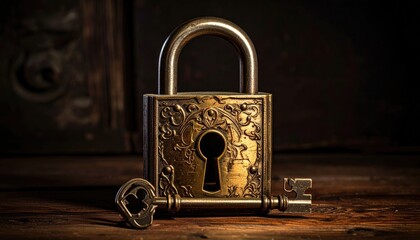 Ornate gold lock and key on aged wood, dimly lit