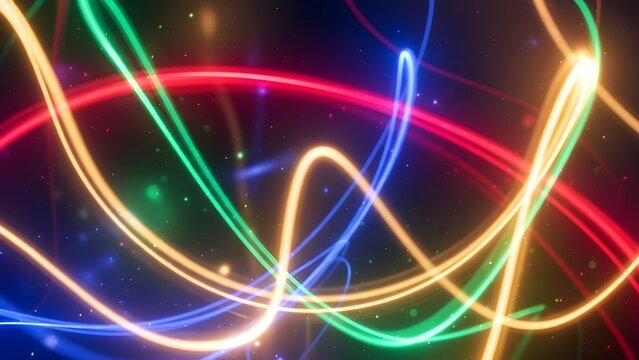 Abstract multi-colored neon light trails swirling in a dark space for energetic motion backgrounds - Powered by Adobe