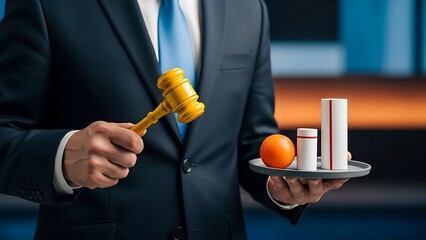 A person in a suit holding a gavel and a tray with medicine and an orange