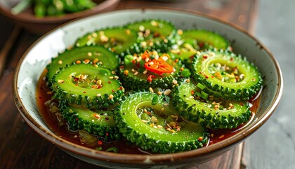 Sliced bitter melon in a ceramic bowl, garnished with spices and herbs