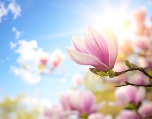 Close-up of delicate pink flower blossoming in sunny blue sky
