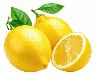 Bright yellow citrus fruit, whole and sliced, with green leaves on white
