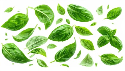 Fresh, vibrant basil leaves in varying sizes floating on white