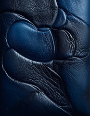 Abstract close-up of dark blue, textured, organic shapes, leather-like