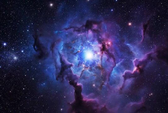 Cinematic journey through glowing blue nebula and purple cosmic gas clouds with bright star core and shimmering dust particles in deep space motion graphics video