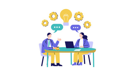 Two business colleagues sitting at a round table discussing innovative strategies with speech bubbles and gears around a light bulb icon representing brainstorming and collaboration