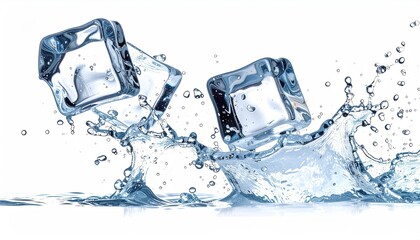 Two ice cubes impact water creating splash against white background