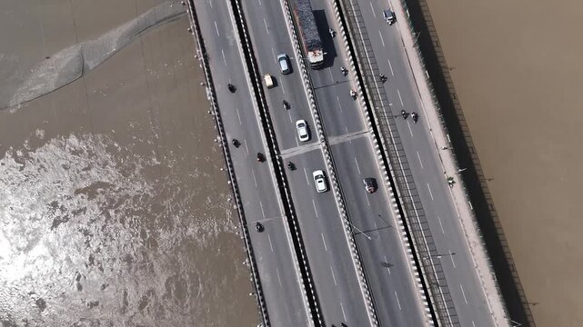 Aerial view of Jawahar Bridge over the Yamuna River in Agra, India
