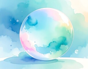 Large, iridescent bubble against a watercolor sky background