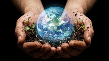 Human hands holding glowing planet earth and green plants in soil. Environmental protection and ecology concept. Save the world and sustainability symbol on black background