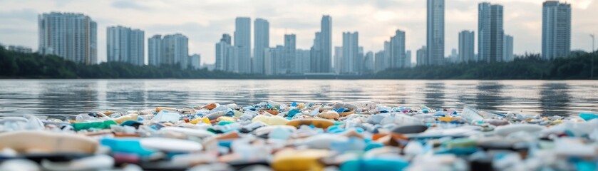 Toxic Beauty: Urban Riverbank Polluted with Colorful Microplastics Screaming Waste Issues