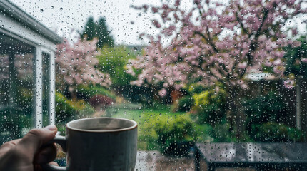 Hand holding a hot cup of coffee or tea against a rainy window. View of a spring garden with pink blossoms through wet glass drops. Cozy home atmosphere concept