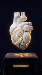 3D illustration of a white marble Kintsugi heart with gold cracks floating in space. Mental Health Awareness Month concept symbolizing healing, resilience and imperfection on a pedestal