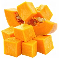 Close-up of cut pumpkin, cubes, with seeds and skin detail