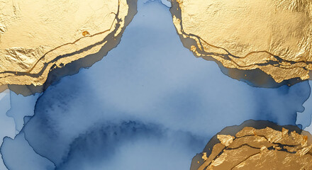 Abstract Fluid Art Alcohol Ink Painting Gold Foil Texture on Blue Background
