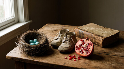 Vintage still life with baby shoes, bird nest with blue eggs, and antique journal. Pomegranate fruit on wood table. Motherhood and nostalgia concept