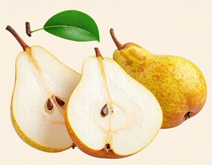 Yellow pears, one whole & two halves, with leaf and stems on cream