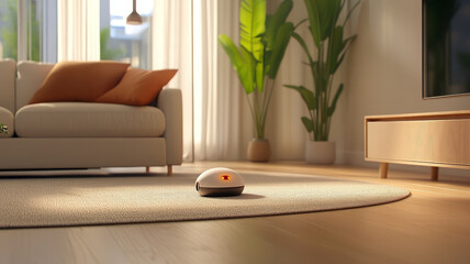 AI robotic pet with glowing eyes on carpet in cozy living room, sunlight, modern, peaceful mood