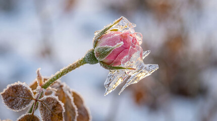 Pink rosebud encased in ice and frost. Macro photography of a frozen flower in a winter garden. Cold weather and nature resilience concept