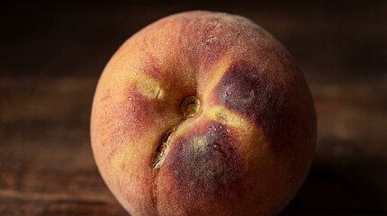 Close up of a ripe peach on a rustic wooden table. Macro shot of fresh organic fruit with fuzzy skin. Single peach with natural split on dark background
