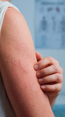 Close-up of a skin rash on a person's upper arm. Keratosis pilaris or chicken skin condition. Hand scratching irritated skin with red bumps. Dermatology and healthcare concept