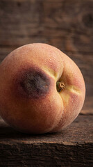 Single overripe peach with a large dark bruise on a rustic wooden surface. Close-up of spoiled fruit showing decay and food waste. Macro shot of fuzzy skin with water droplets