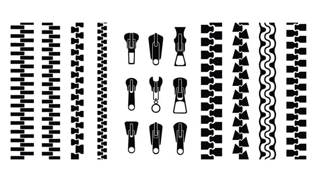 A collection of various zipper and pattern designs on a white background