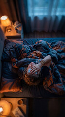 Top view of a sick person with a fever lying in bed at night. Unwell woman with a cooling patch on her forehead for a headache or migraine. Sickness and self-care concept