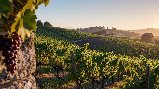 Grapes Cascade Down Stone Wall in Scenic Vineyard at Dawn
