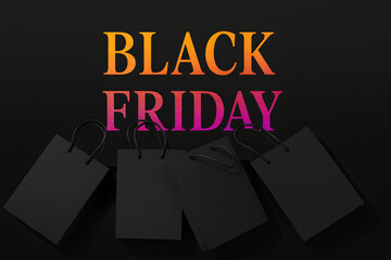 Black Friday sale flat lay featuring elegant black shopping bags on dark background, perfect for luxury ads and promotional designs