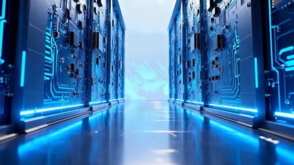 Rows of blue circuit boards in a server room - Powered by Adobe