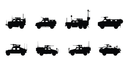 Obraz premium A collection of military vehicle silhouettes on a white background
