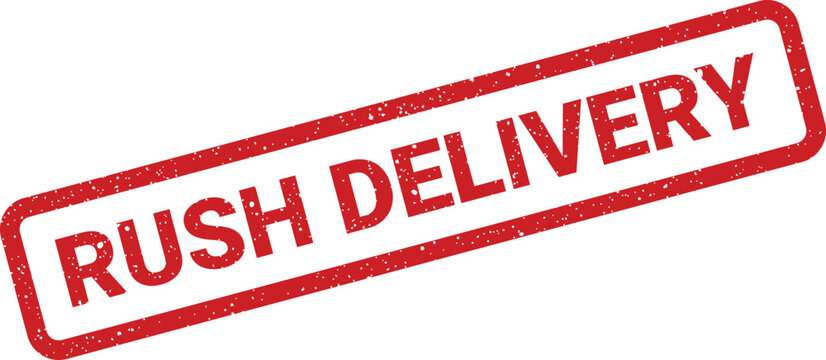 Grungy rectangular stamp displaying prominent rush delivery text, ideal for illustrating expedited shipping services