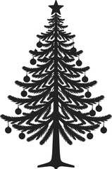 Black and white of a decorated Christmas tree with baubles and a star on