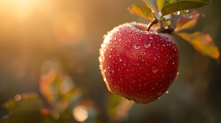 Dew covered a red apple as it glistened in the morning sunlight.