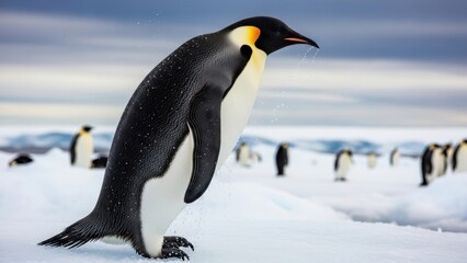 Fototapeta premium Elegant emperor penguin shaking water from its feathers on the ice.