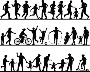 Black silhouettes of people engaging in various physical activities and exercises running walking