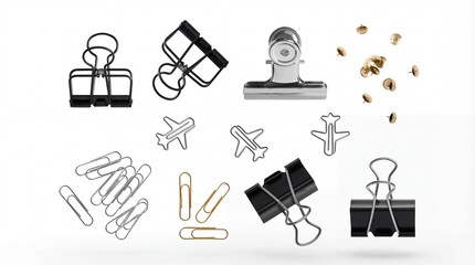 Collection of various office stationery supplies including binder clips, paper clips, push pins,...