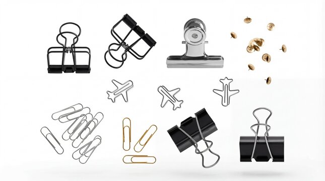 Collection of various office stationery supplies including binder clips, paper clips, push pins, and airplane clips, artfully arranged in a clean, white studio setting.