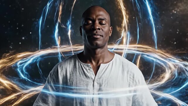 Black man meditating with glowing energy rings in cosmic space, visualizing spiritual enlightenment, inner peace, mental clarity.