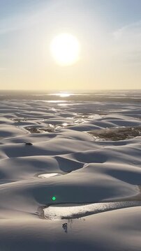 Sunset Lencois Maranhenses In Santo Amaro Maranhao Brazil. Natural Freshwater Lagoon Nestled Between White Sand Dunes. Sunrise Sky Beach. Sunrise Outside Beach Panorama. Santo Amaro Maranhao.