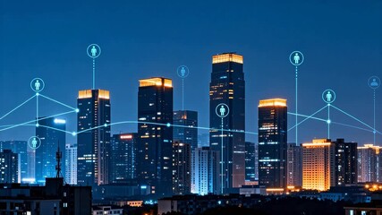 Nighttime city skyline with digital connections - Powered by Adobe