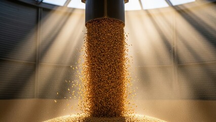 Golden grain being poured into a large agricultural storage silo.