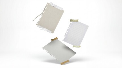 Three torn pieces of paper, taped to a white background with masking tape, conceptual for notes.