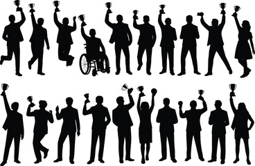 Silhouettes of diverse people holding trophies and awards in formal attire and one in a wheelchair