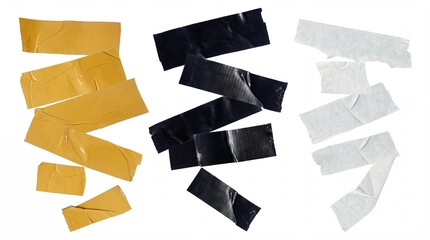 Assorted rolls of adhesive tape including yellow duct tape, black gaffer tape, and white masking tape, arranged on a white background.