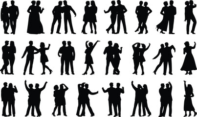 Silhouettes of people dancing and interacting in various poses and outfits on a white background couples