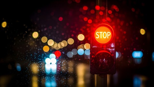 Dramatic night scene of a bright red stop signal amidst rain-splattered glass, featuring atmospheric bokeh of city traffic lights in the background