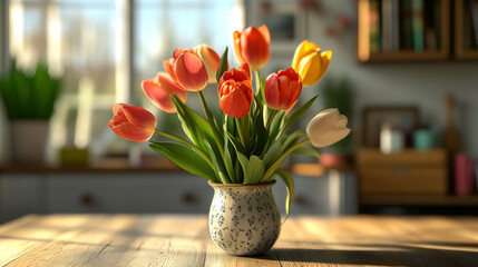 Fresh bouquet of tulips on a kitchen table, ideal for spring decor and floral promotions.
