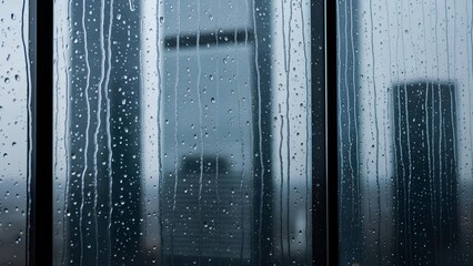 Rain streaks down a window pane with blurred city buildings visible in the background on a gloomy day.